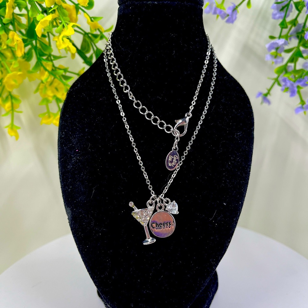 Cookie Lee Signed Vintage Silver Plated Martini Glass Necklace